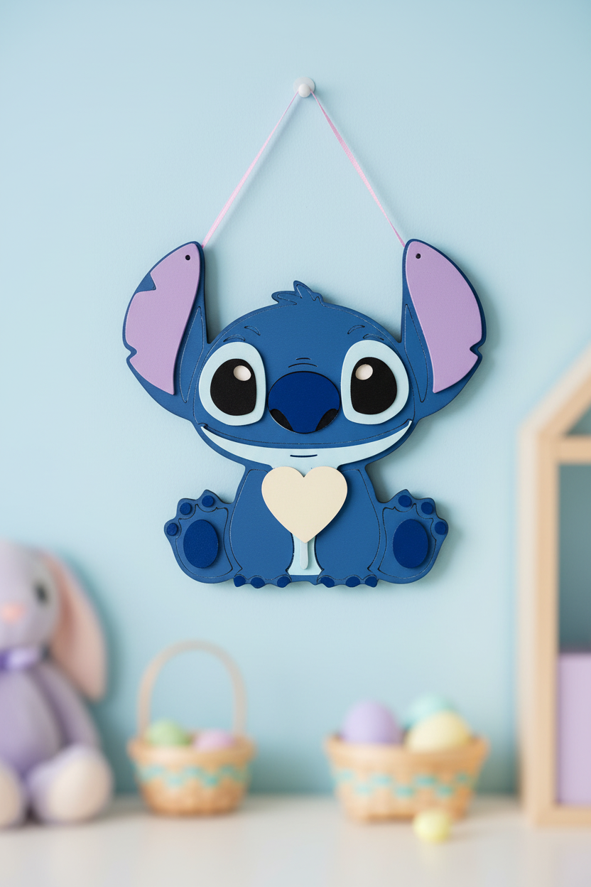 Χειροποίητο ξύλινο κάδρο Stitch, μέρος πασχαλινού σετ με λαμπάδα, So Cute by Dimi