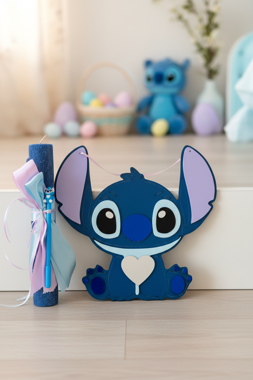 Πασχαλινό χειροποίητο σετ Stitch με λαμπάδα και ξύλινο κάδρο, So Cute by Dimi