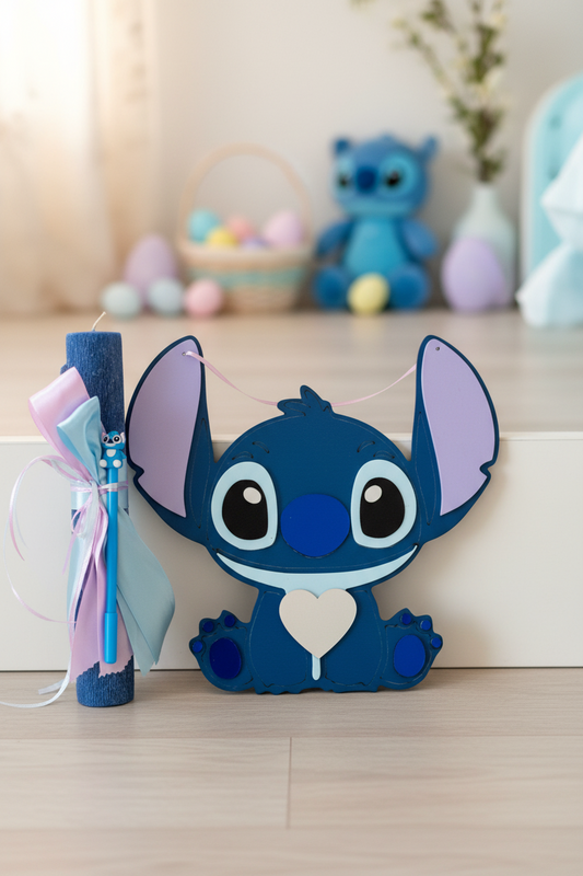 Πασχαλινό χειροποίητο σετ Stitch με λαμπάδα και ξύλινο κάδρο, So Cute by Dimi