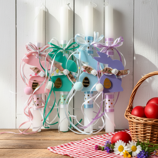 Χειροποίητη πασχαλινή λαμπάδα με παστέλ κουνελάκι από plexiglass για χονδρική So Cute by Dimi