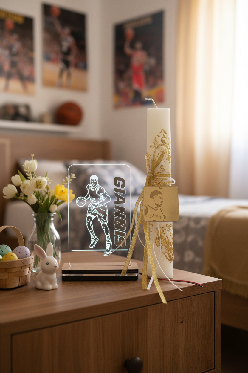 Χειροποίητο σετ με πασχαλινή λαμπάδα Giannis  με μπρελόκ και led επιτραπέζιο φωτιστικό, So Cute by Dimi