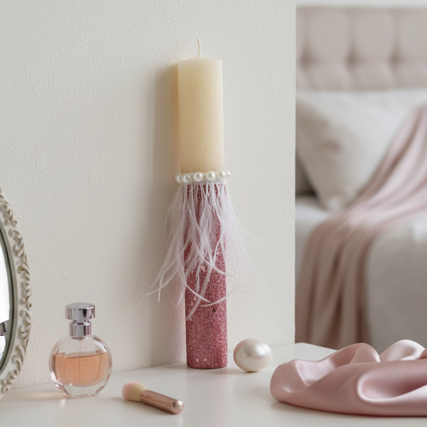 🤍✨ Χειροποίητη Glam Λαμπάδα Πάσχα με Glitter & Φτερά