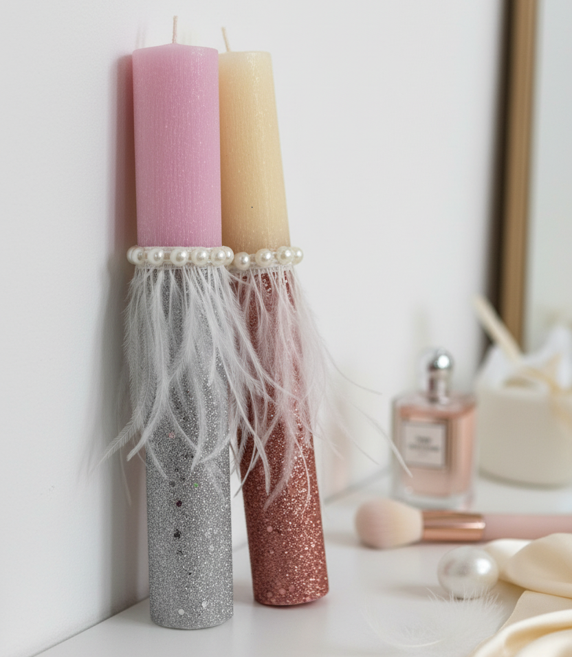 🤍✨ Χειροποίητη Glam Λαμπάδα Πάσχα με Glitter & Φτερά