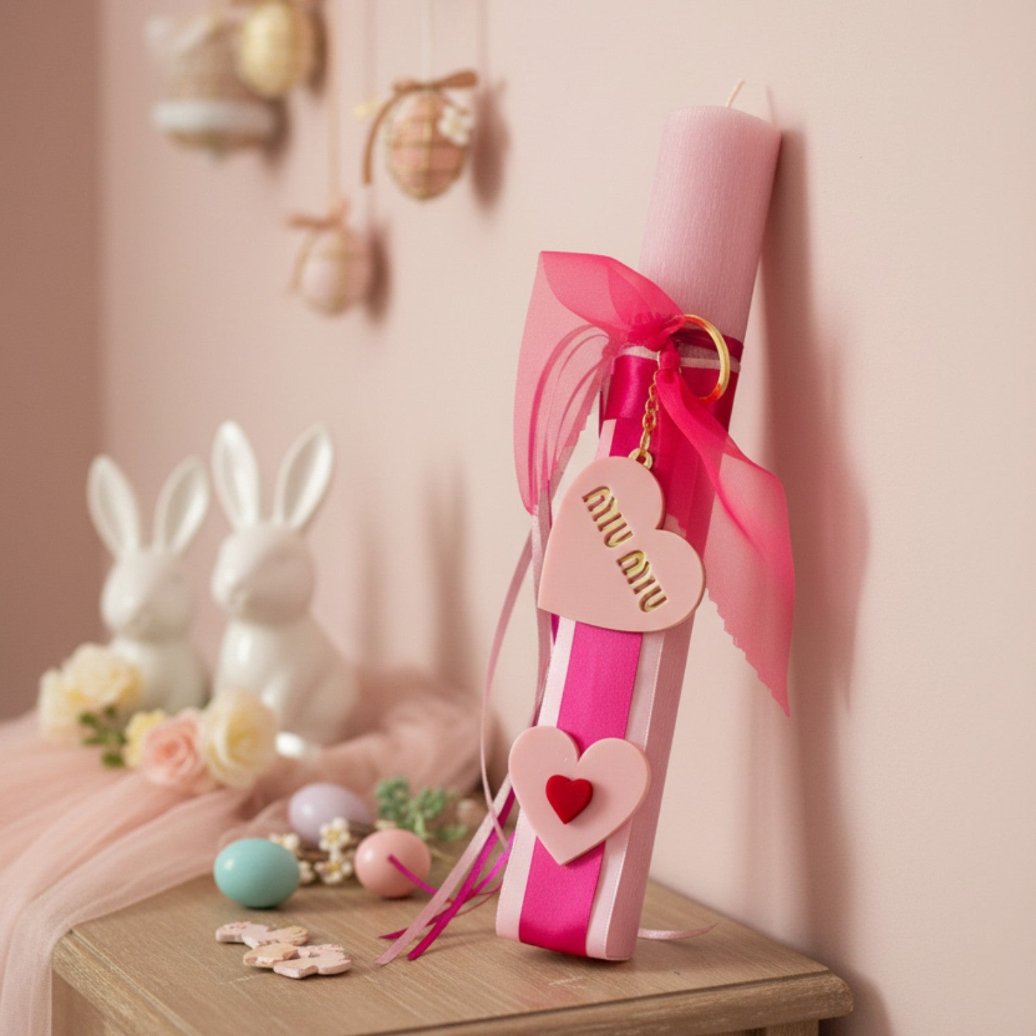 Χονδρική πασχαλινή λαμπάδα 30 εκ. με καρδιές και μπρελόκ καθρέφτη – So Cute by Dimi