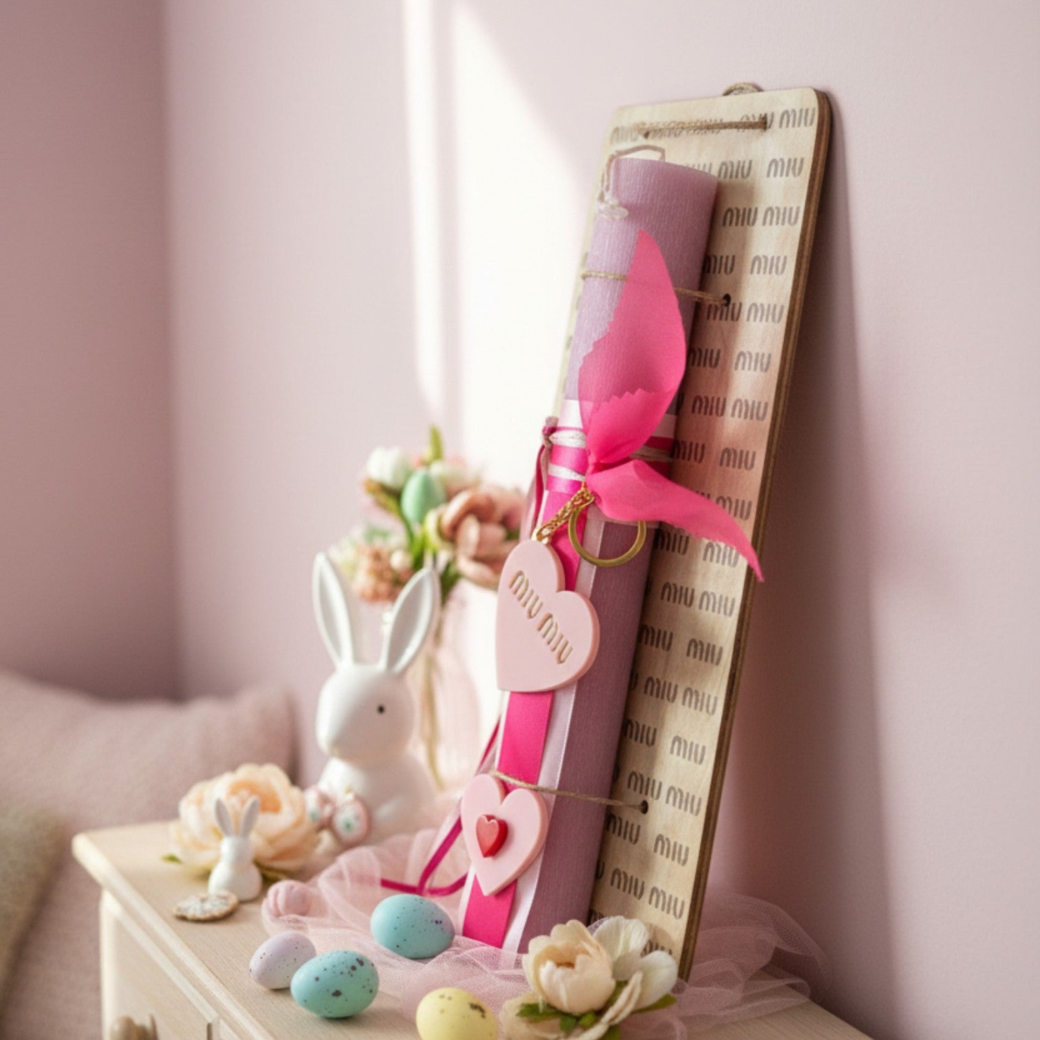 Χονδρική πασχαλινή λαμπάδα 30 εκ. με καρδιές και μπρελόκ καθρέφτη – So Cute by Dimi