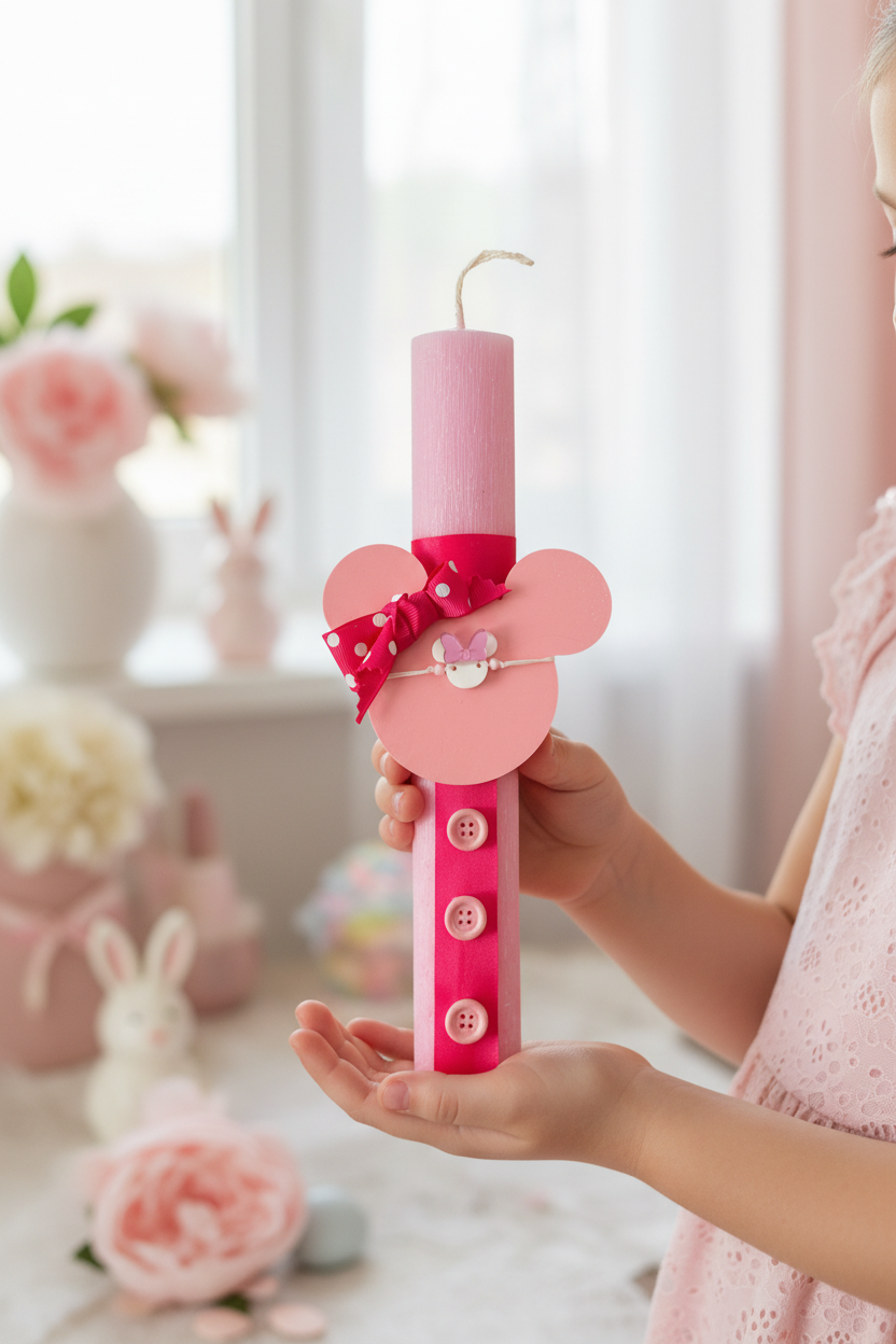 Πασχαλινή λαμπάδα Μίνι σε παιδικά χέρια, ροζ χρώμα με ξύλινο στοιχείο και κορδέλα