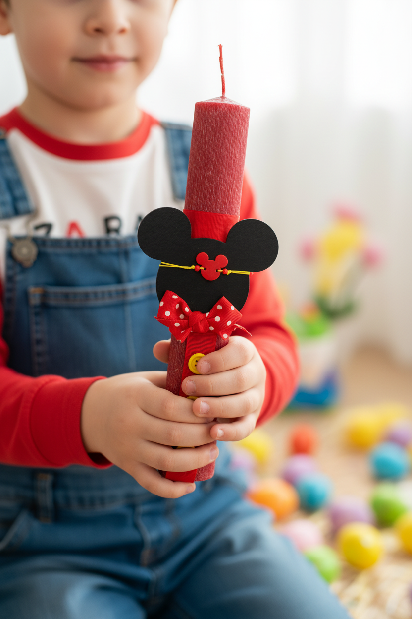 Πασχαλινή λαμπάδα Μίκυ σε παιδικά χέρια αγοριού, κόκκινη με ξύλινο διακοσμητικό