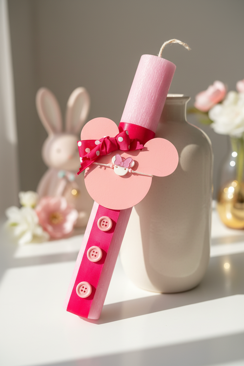 Χειροποίητη λαμπάδα Μίνι ακουμπισμένη σε πασχαλινό τραπέζι με ρομαντικό girly decor