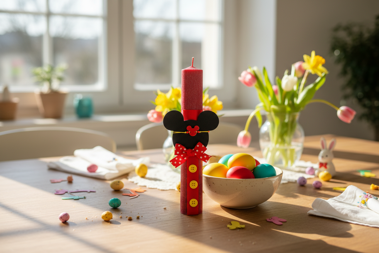 Χειροποίητη πασχαλινή λαμπάδα Μίκυ σε φυσικό πασχαλινό σκηνικό με παιχνίδια