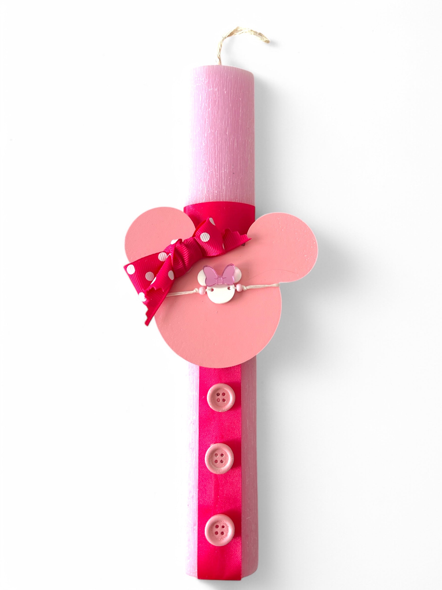 Χειροποίητη πασχαλινή λαμπάδα Μίνι σε λευκό φόντο, ροζ με κορδέλα και κουμπιά