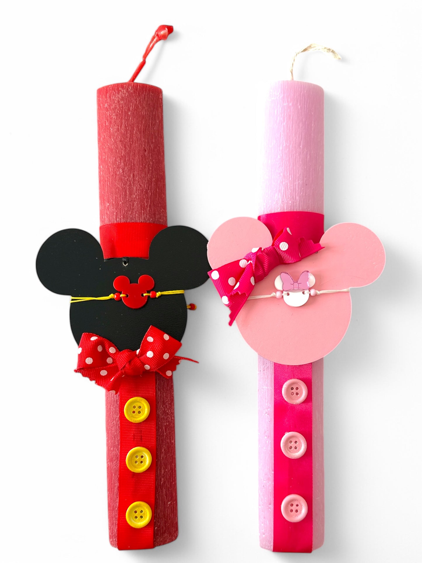 Σετ πασχαλινών λαμπάδων Μίκυ και Μίνι σε λευκό φόντο, κόκκινη και ροζ