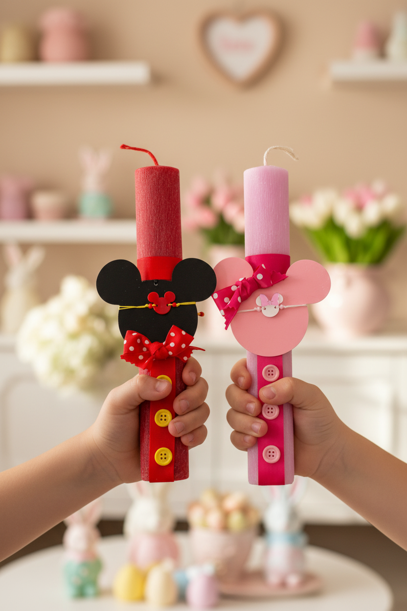 Χειροποίητη πασχαλινή λαμπάδα Μίκυ και Μίνι σε παιδικά χέρια, ροζ και κόκκινη, So Cute by Dimi