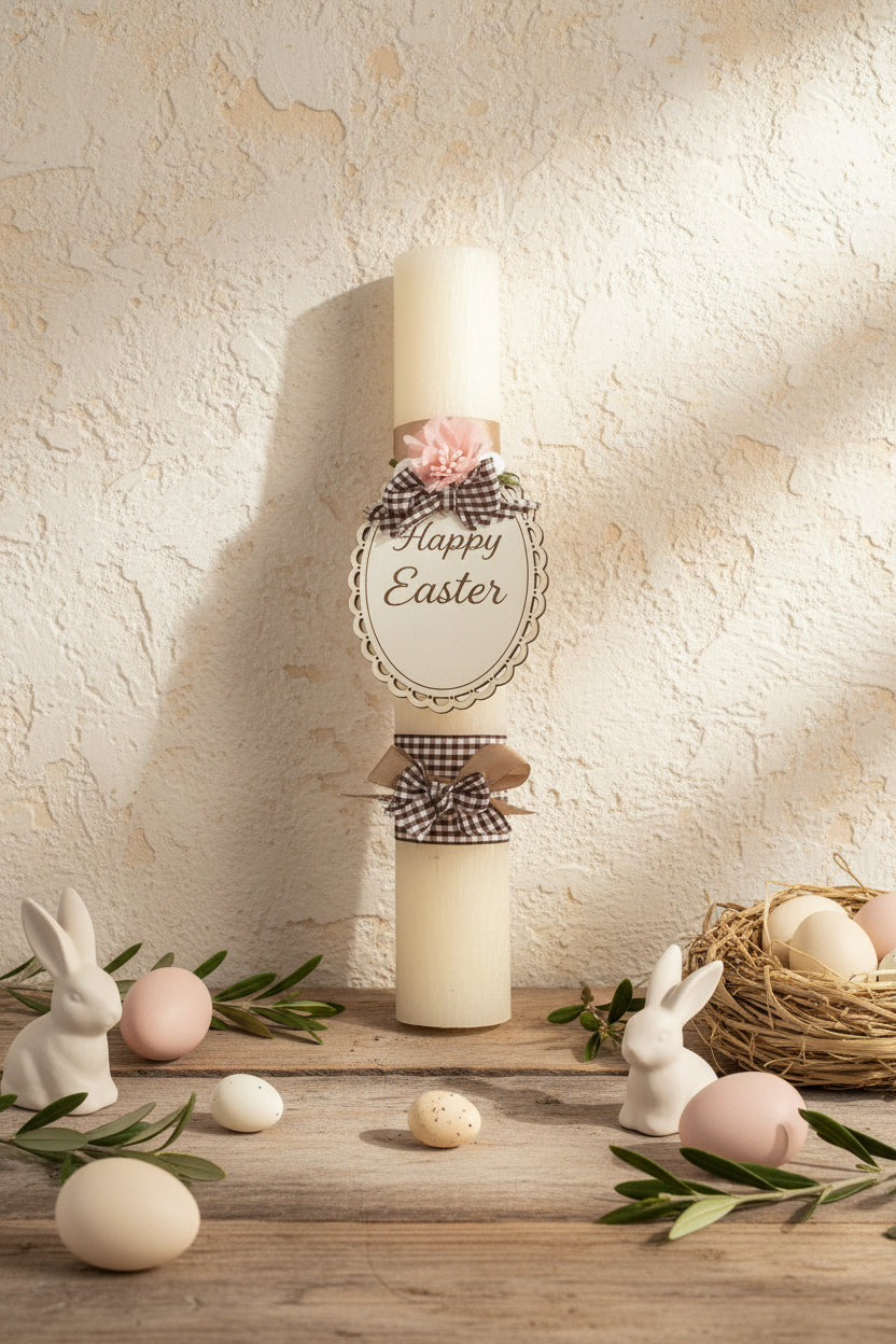 Χειροποίητη πασχαλινή λαμπάδα Happy Easter σε country chic σκηνικό με rustic τοίχο, ξύλινα props και πασχαλινά διακοσμητικά – So Cute by Dimi