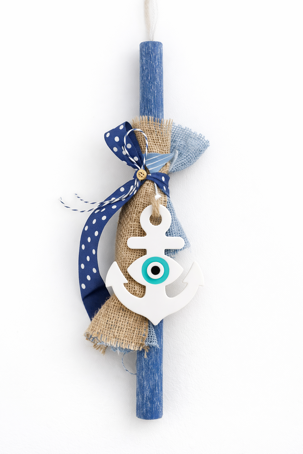 Χειροποίητη πασχαλινή λαμπάδα Greek chic με άγκυρα και μάτι από πλεξιγκλάς, κωδικός 4-506-0596 – So Cute by Dimi