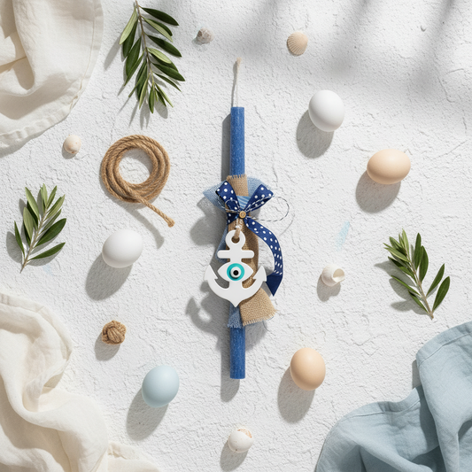 Χειροποίητη πασχαλινή λαμπάδα Greek chic με άγκυρα και μάτι από πλεξιγκλάς, κωδικός 4-506-0596 – So Cute by Dimi