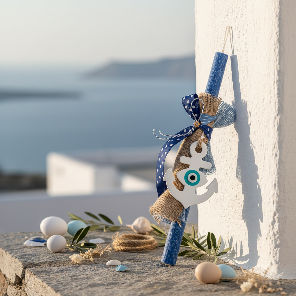 Χειροποίητη πασχαλινή λαμπάδα Greek chic με άγκυρα και μάτι από πλεξιγκλάς, κωδικός 4-506-0596 – So Cute by Dimi