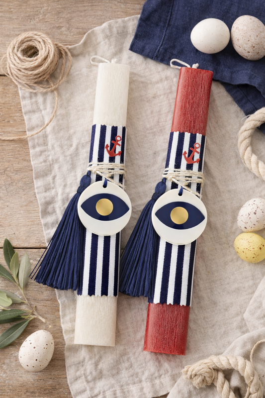 Αρωματική λαμπάδα με ριγέ ύφασμα, γούρι μάτι πλεξιγκλάς και κόκκινη άγκυρα – So Cute by Dimi