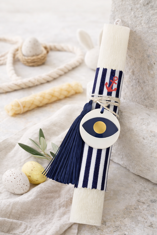 Αρωματική λαμπάδα με ριγέ ύφασμα, γούρι μάτι πλεξιγκλάς και κόκκινη άγκυρα – So Cute by Dimi