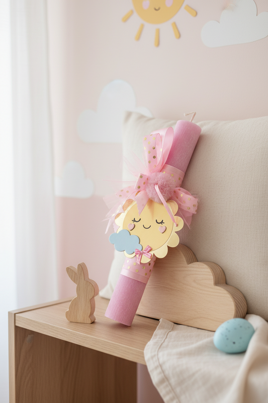 Χειροποίητη αρωματική πασχαλινή λαμπάδα Sunny Dream σε ροζ αποχρώσεις με διακοσμητικό πλεξιγκλάς, pom-pom και σατέν κορδέλες, ύψους 30 εκ – So Cute by Dimi