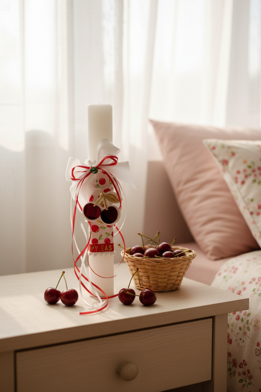 Χειροποίητη πασχαλινή λαμπάδα με cherry print σατέν ύφασμα, σατέν φιόγκους, πράσινο κρύσταλλο και μπρελόκ κεράσι από πλεξιγκλάς. So Cute by Dimi