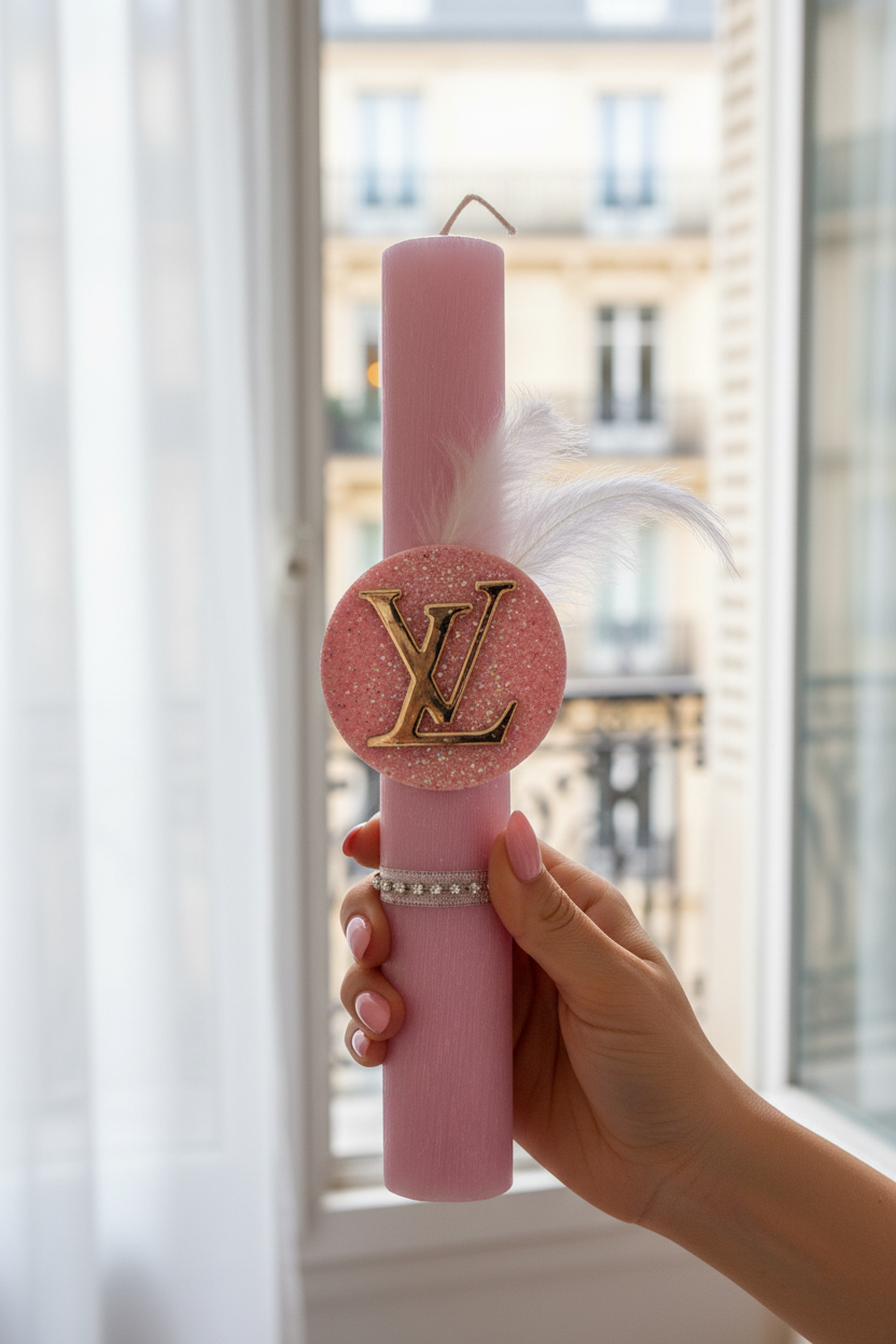 Ροζ χειροποίητη πασχαλινή λαμπάδα με γκλίτερ στοιχείο,plexiglass λογότυπο, στρας και φυσικό φτερό. So Cute by DImi