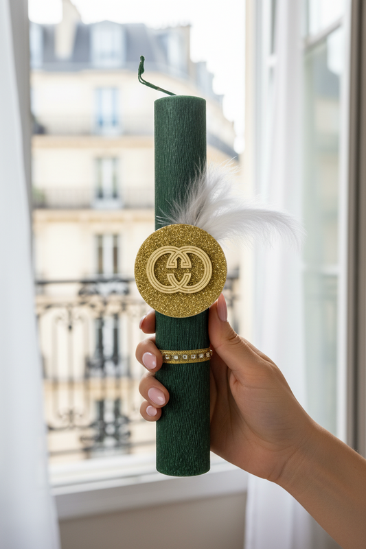 Χειροποίητη σμαραγδί λαμπάδα με γκλίτερ και mirror λογότυπο 4-506-0620 So Cute by Dimi