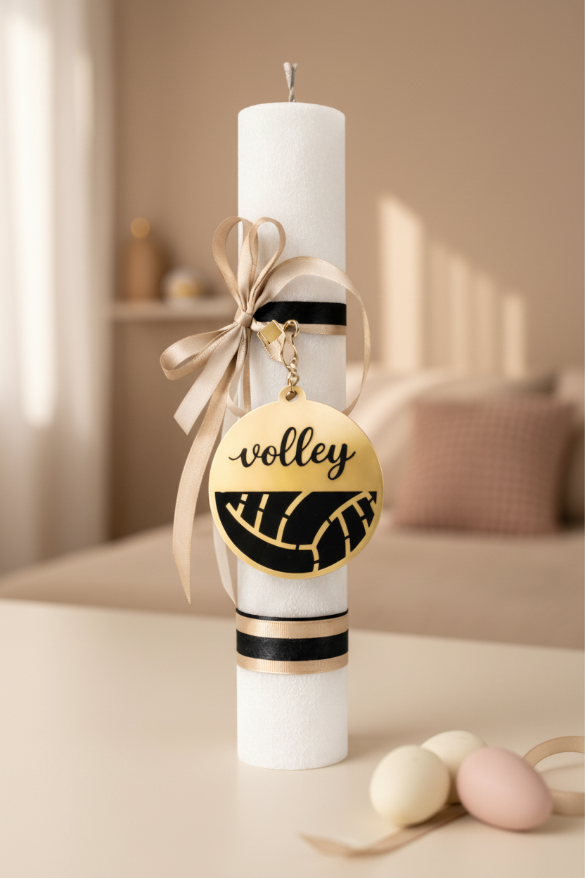 🤍✨ Χειροποίητη Λαμπάδα Volleyball Edition με Μπρελόκ & Προαιρετικό Κάδρο