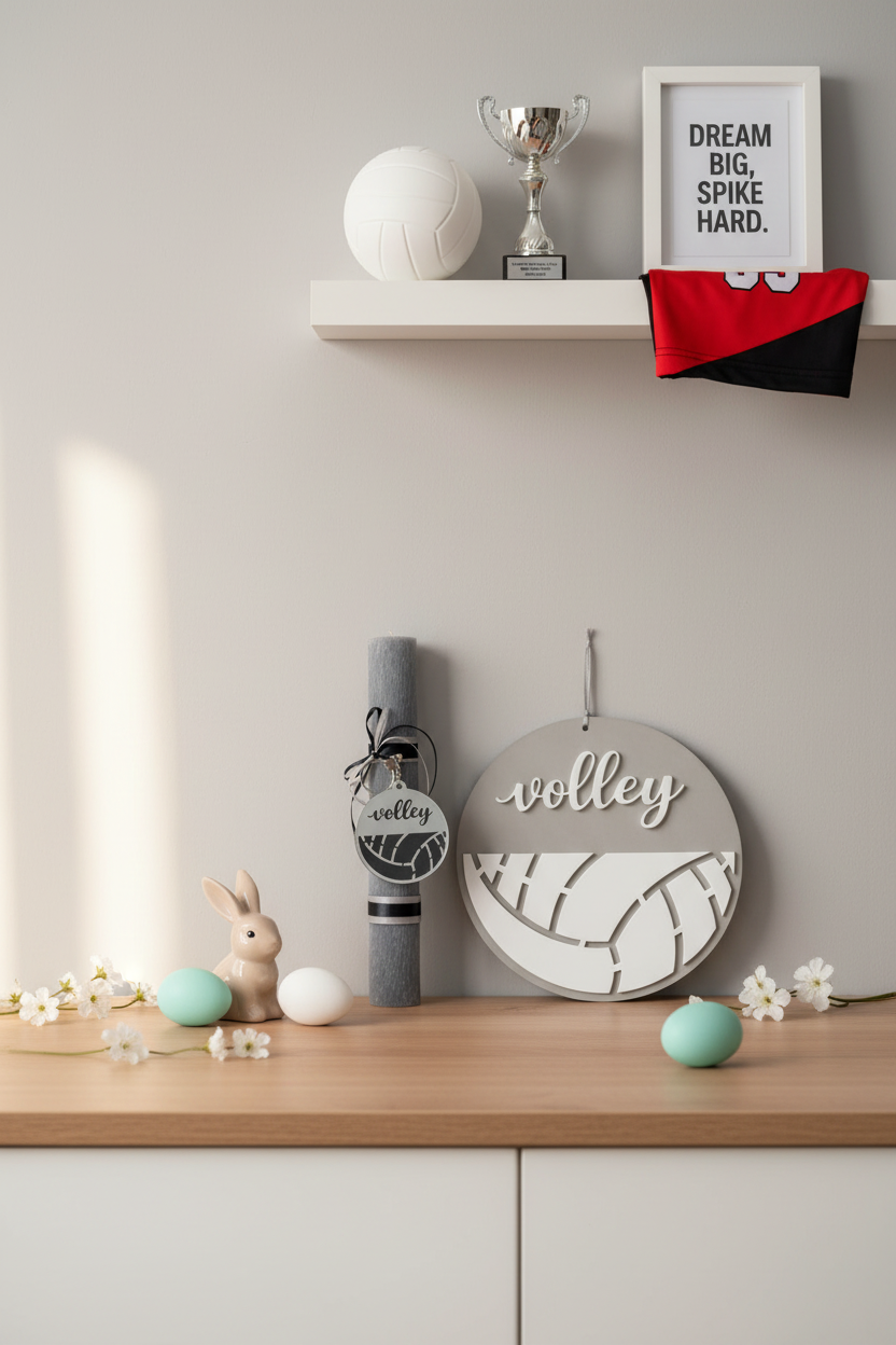 Χειροποίητη λαμπάδα βόλεϊ με μπρελόκ ματ ασημί καθρέφτη πλεξιγκλάς και προαιρετικό ξύλινο κάδρο volley – So Cute by Dimi