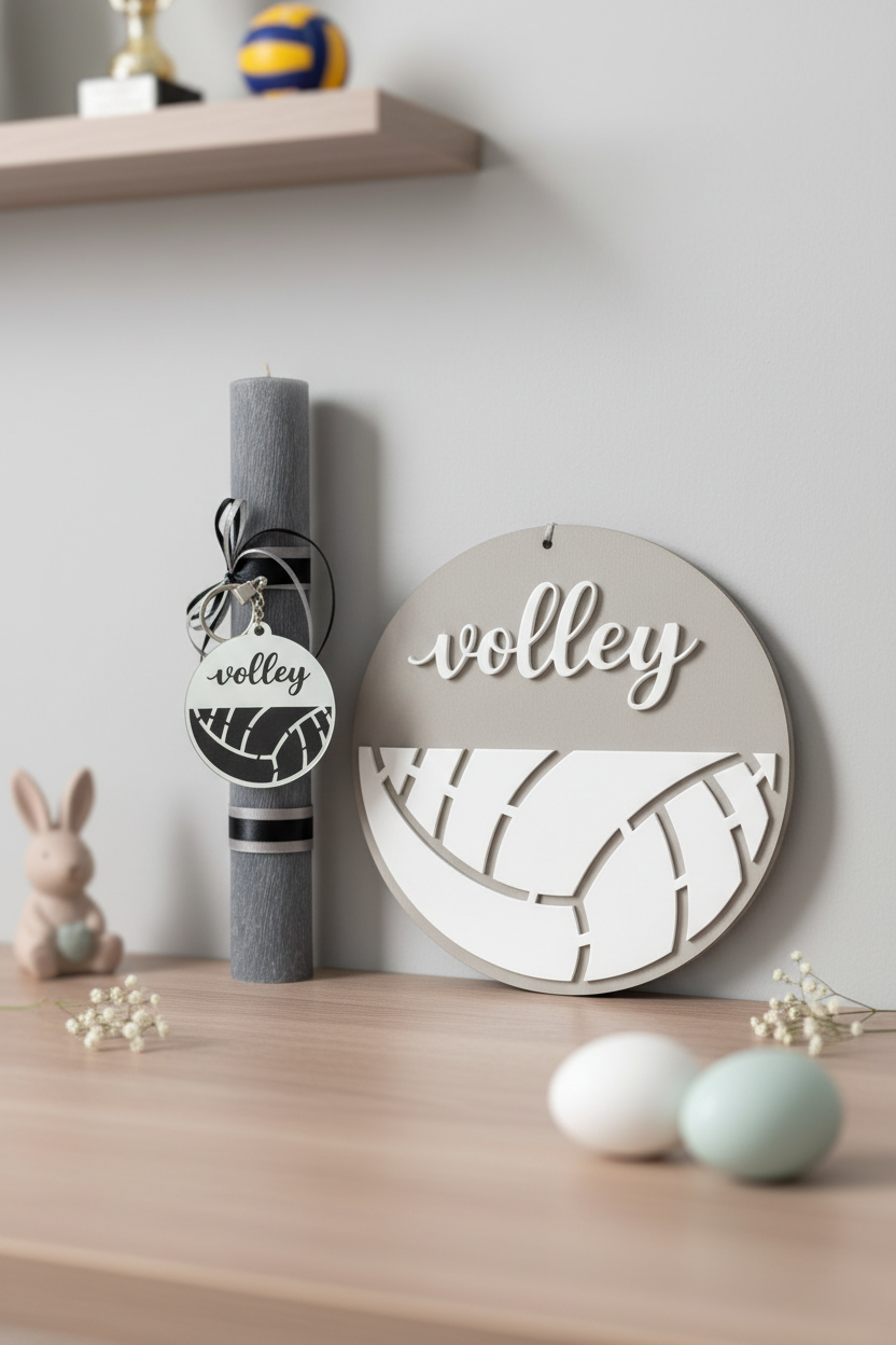 Χειροποίητη λαμπάδα βόλεϊ με μπρελόκ ματ ασημί καθρέφτη πλεξιγκλάς και προαιρετικό ξύλινο κάδρο volley – So Cute by Dimi