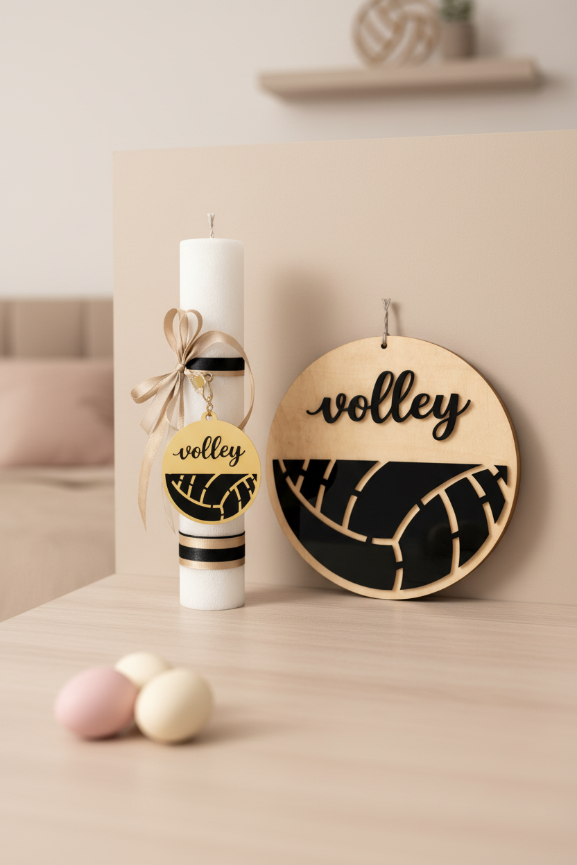 🤍✨ Χειροποίητη Λαμπάδα Volleyball Edition με Μπρελόκ & Προαιρετικό Κάδρο