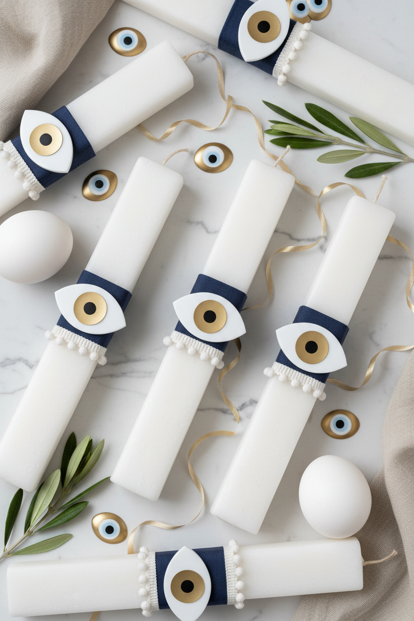 Λευκή πασχαλινή λαμπάδα 30εκ με plexiglass χρυσό μάτι και navy ύφασμα – So Cute by Dimi