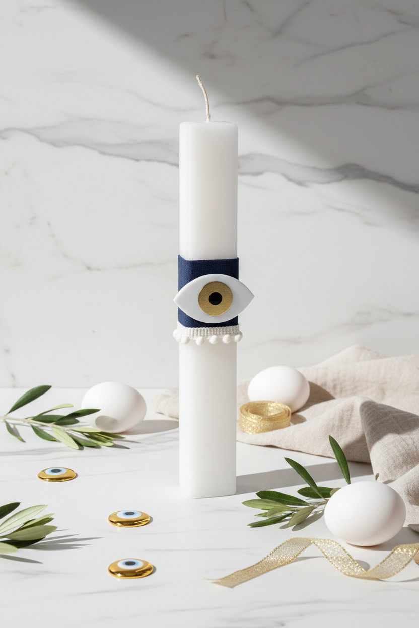 Λευκή πασχαλινή λαμπάδα 30εκ με plexiglass χρυσό μάτι και navy ύφασμα – So Cute by Dimi