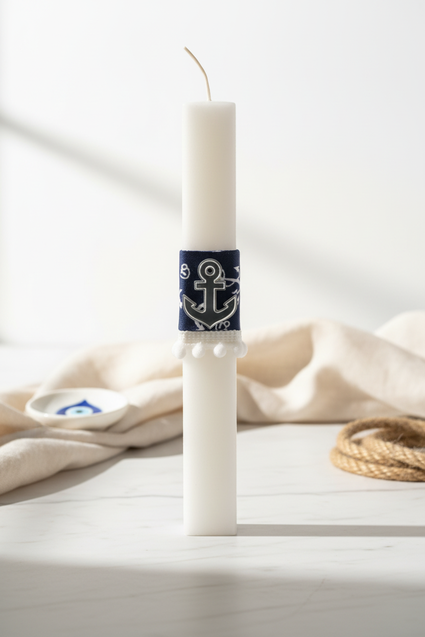 🤍✨ Nautical Luxe – Handmade Easter Candle with Silver Mirror Anchor