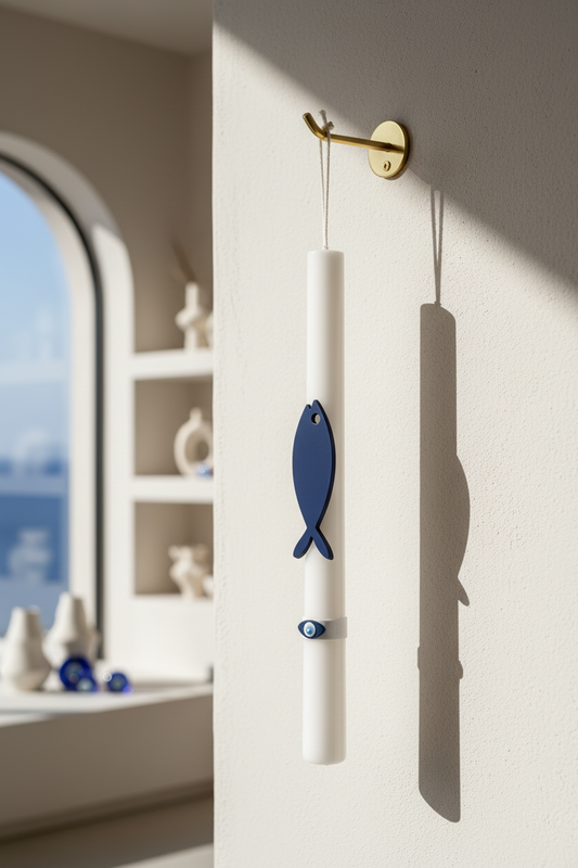 Πασχαλινή λαμπάδα Blue Cycladic με navy πλεξιγκλάς ψαράκι και κορδέλα με print μάτια 4-506-0626 So Cute by Dimi.