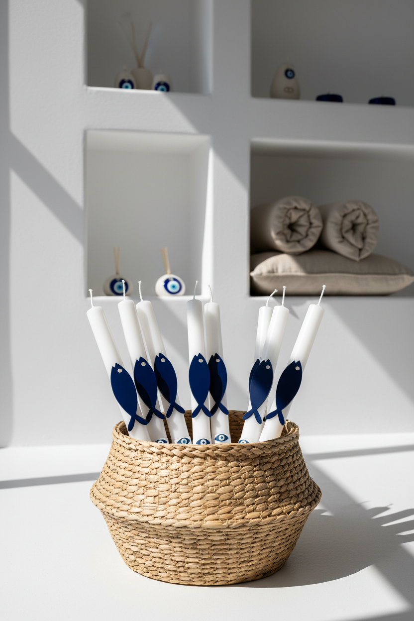 Πασχαλινή λαμπάδα Blue Cycladic με navy πλεξιγκλάς ψαράκι και κορδέλα με print μάτια 4-506-0626 So Cute by Dimi.