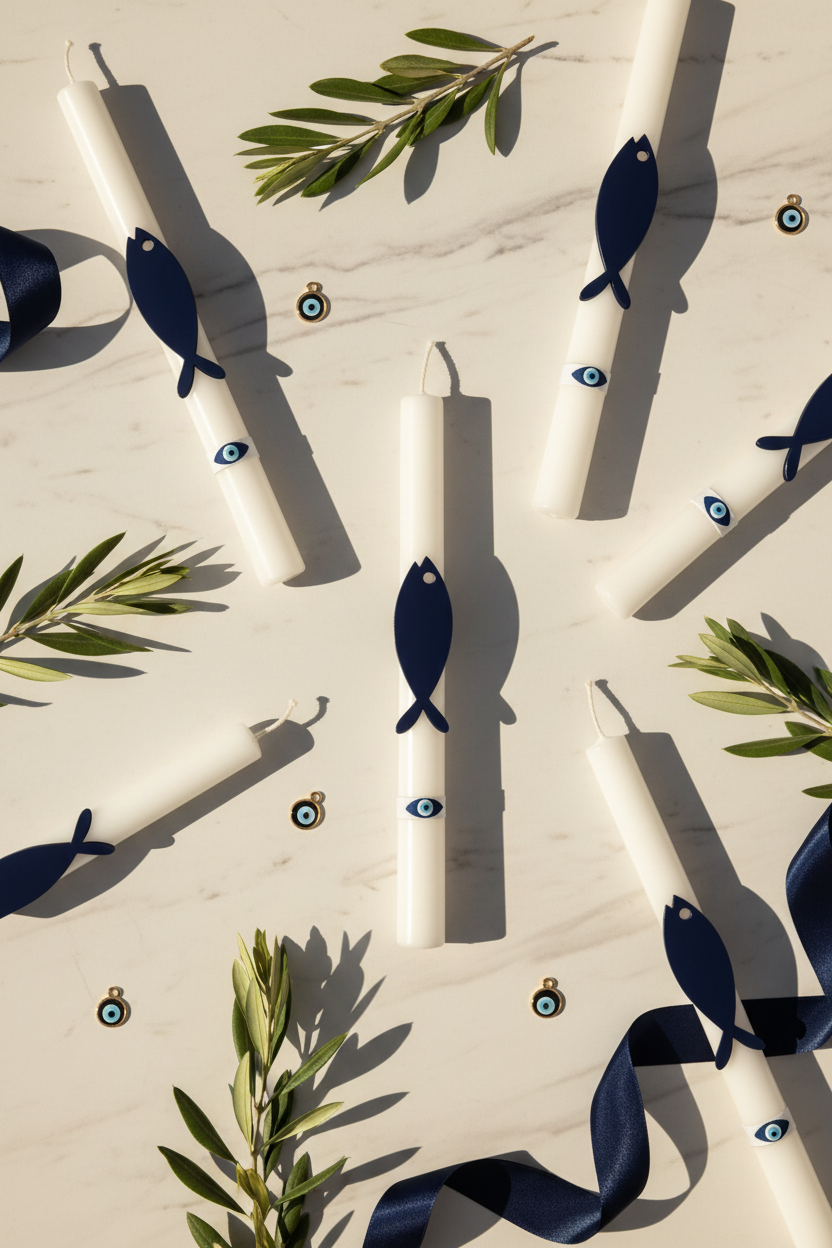 Πασχαλινή λαμπάδα Blue Cycladic με navy πλεξιγκλάς ψαράκι και κορδέλα με print μάτια 4-506-0626 So Cute by Dimi.