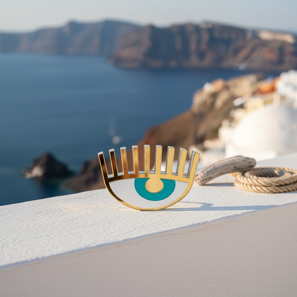 Minimal Cycladic photo of plexiglass evil eye charm with blue sea background – So Cute by Dimi.