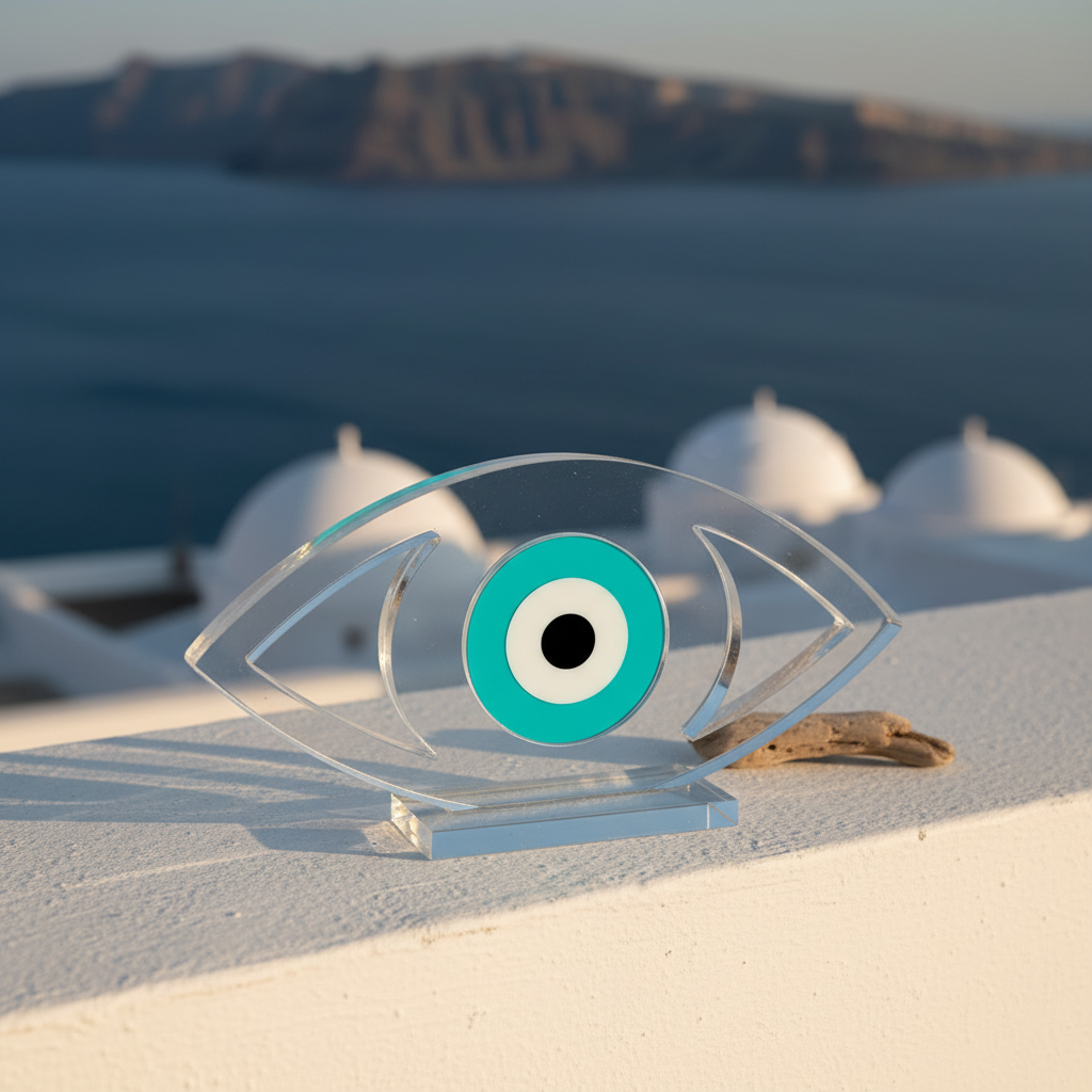 Επιτραπέζιο γούρι μάτι από διάφανο plexiglass με χρωματιστό κεντρικό μάτι πάνω σε λευκό minimal φόντο – So Cute by Dimi.