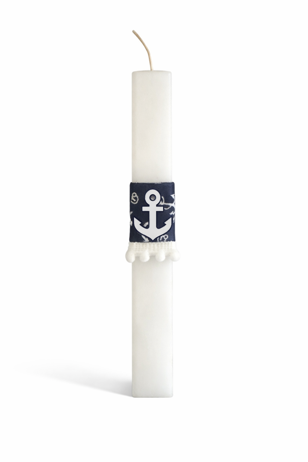 Χειροποίητη πασχαλινή λαμπάδα τετράγωνη 22 εκ με print άγκυρες και στοιχείο άγκυρα από ματ ασημί καθρέφτη – So Cute by Dimi