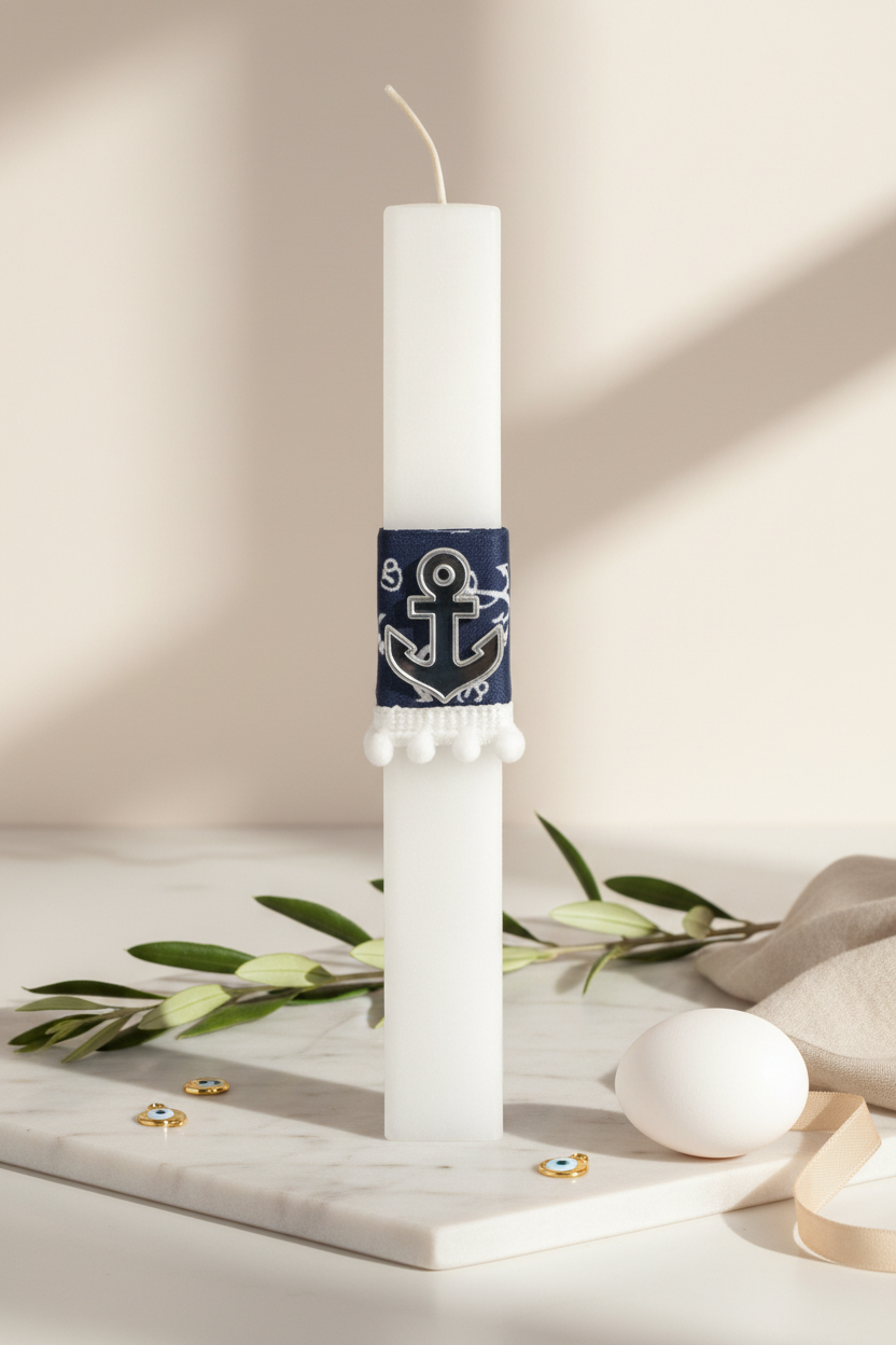 🤍✨ Nautical Luxe – Handmade Easter Candle with Silver Mirror Anchor
