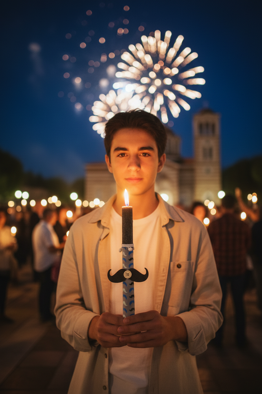 Χειροποίητη πασχαλινή λαμπάδα Mister Cool με ξύλινο μουστάκι 30εκ κωδ 4-507-0748 So Cute by Dimi