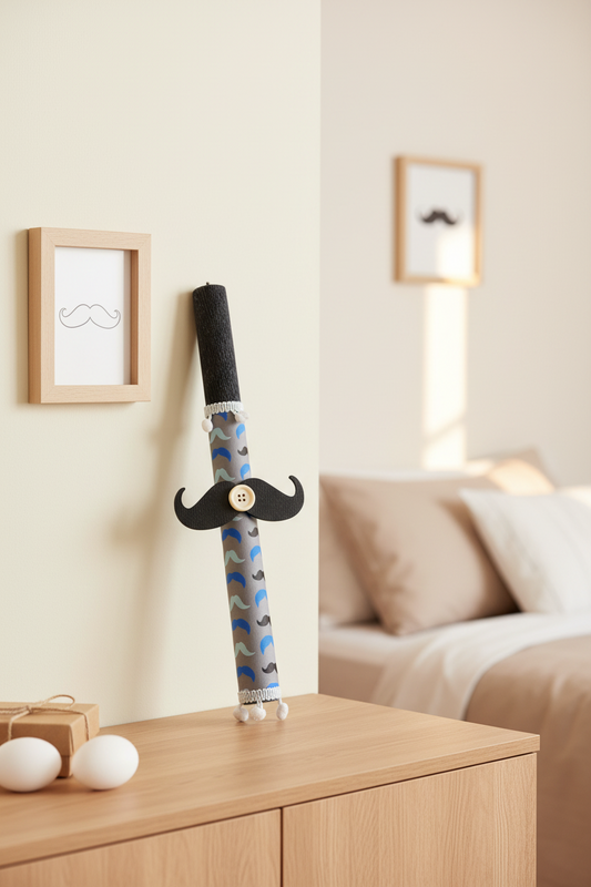 Χειροποίητη πασχαλινή λαμπάδα Mister Cool με ξύλινο μουστάκι 30εκ κωδ 4-507-0748 So Cute by Dimi