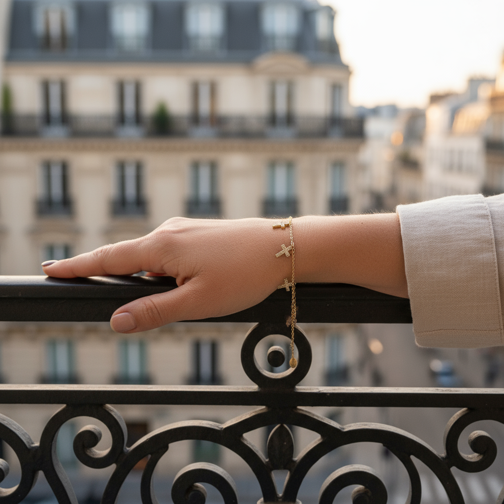 Ατσάλινο βραχιόλι με πέντε σταυρούς και ζιργκόν σε χρυσό & ασημί – So Cute by Dimi Wholesale