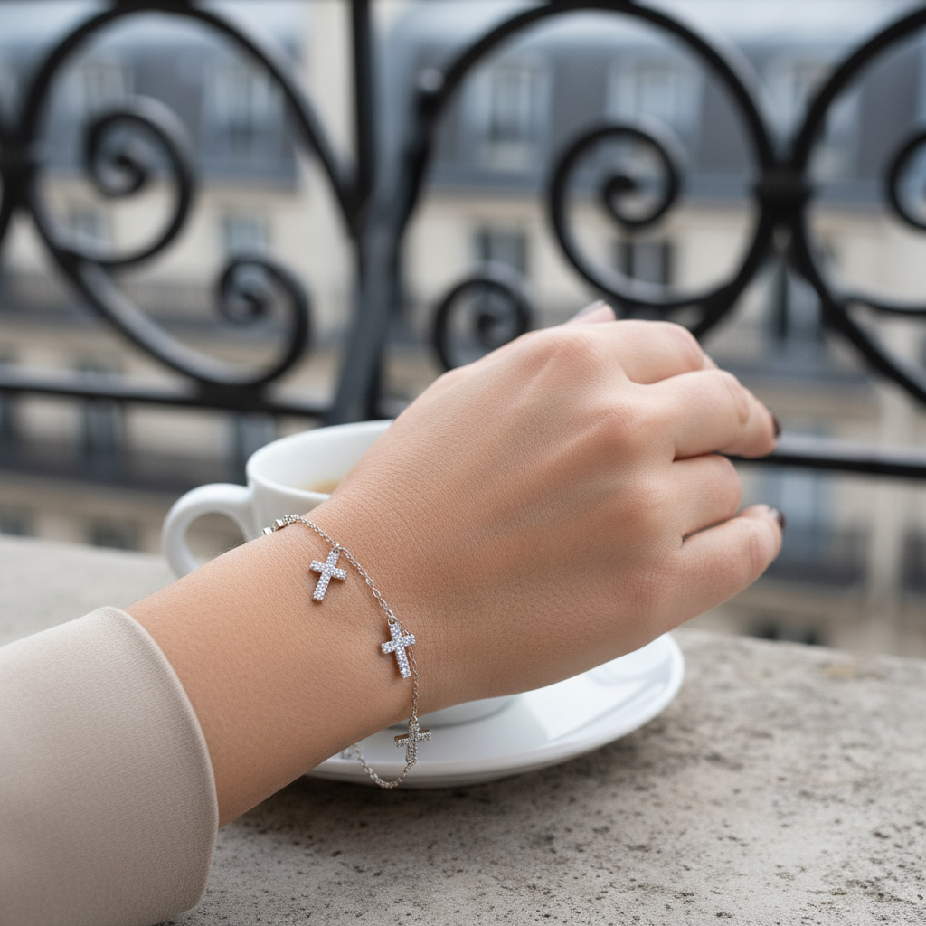 Ατσάλινο βραχιόλι με πέντε σταυρούς και ζιργκόν σε χρυσό & ασημί – So Cute by Dimi Wholesale