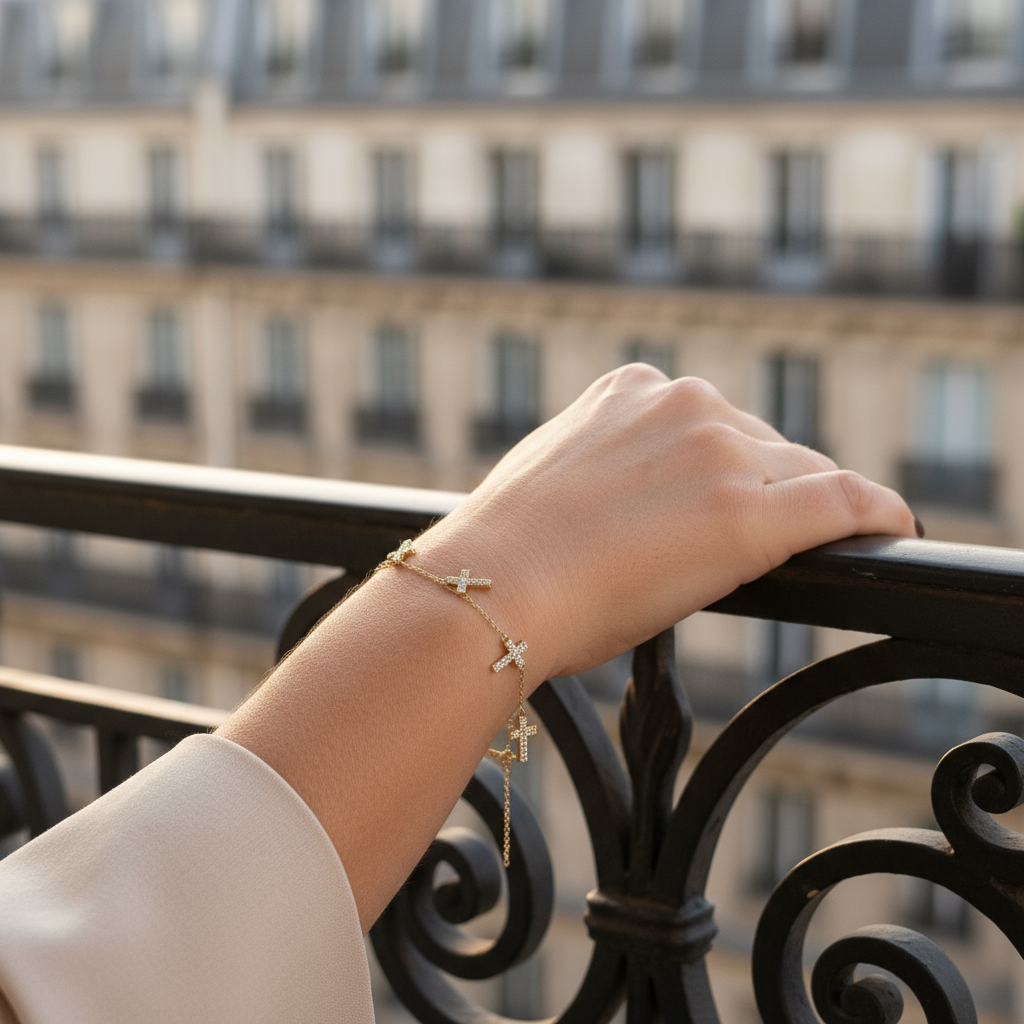 Ατσάλινο βραχιόλι με πέντε σταυρούς και ζιργκόν σε χρυσό & ασημί – So Cute by Dimi Wholesale