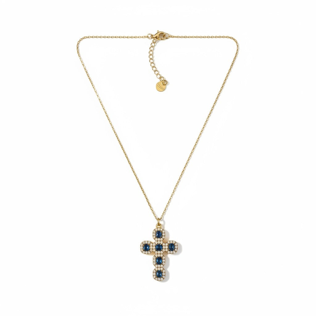 ⚡🚚Gemline Cross Necklace  Ατσάλινο Κολιέ Σταυρός με Χρωματιστά Ζιργκόν