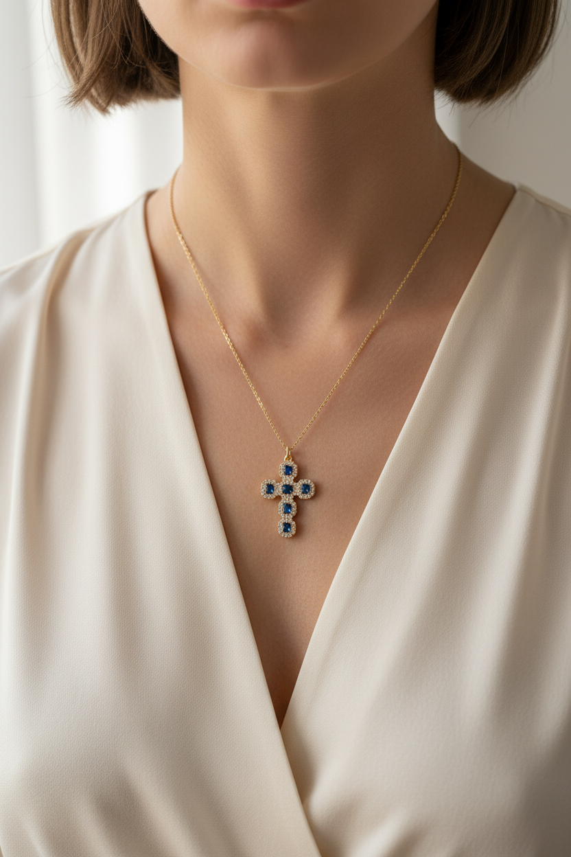 ⚡🚚Gemline Cross Necklace  Ατσάλινο Κολιέ Σταυρός με Χρωματιστά Ζιργκόν