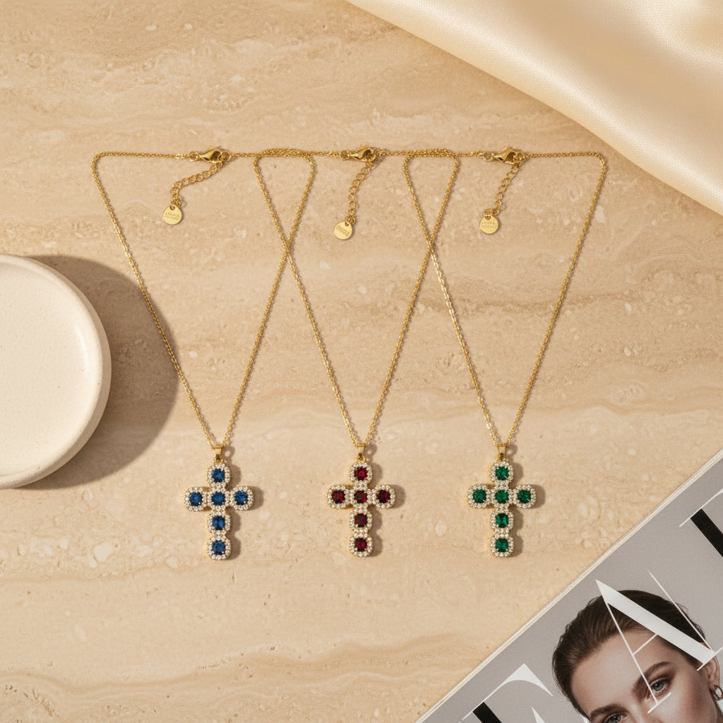 ⚡🚚Gemline Cross Necklace  Ατσάλινο Κολιέ Σταυρός με Χρωματιστά Ζιργκόν