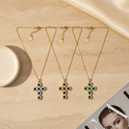 ⚡🚚Gemline Cross Necklace  Ατσάλινο Κολιέ Σταυρός με Χρωματιστά Ζιργκόν