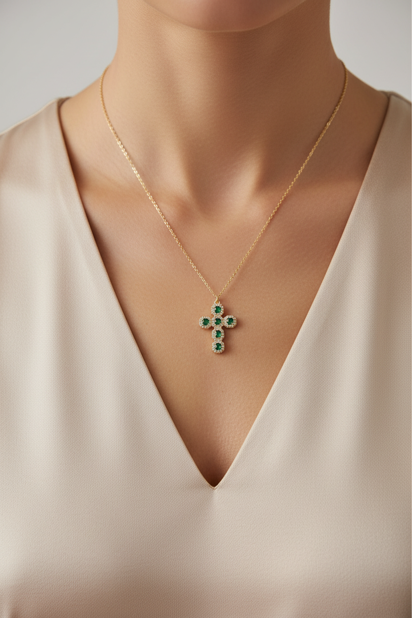 ⚡🚚Gemline Cross Necklace  Ατσάλινο Κολιέ Σταυρός με Χρωματιστά Ζιργκόν